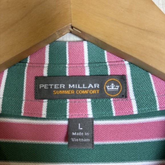Peter Millar Polo Shirt L Summer Comfort Golf Striped Pink Green Make A Wish - Picture 3 of 8